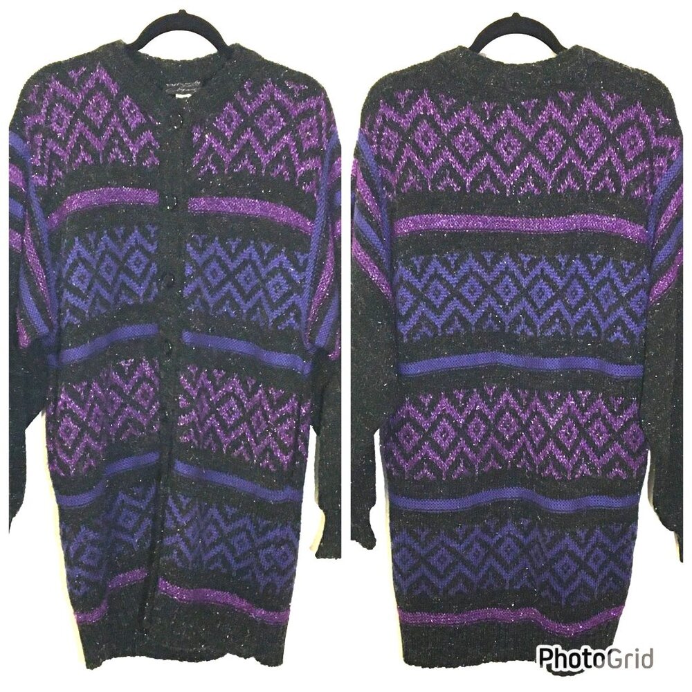 Vintage 80s Chunky Button Front Cardigan Sweater Black Purple Cozy Grandmacore (